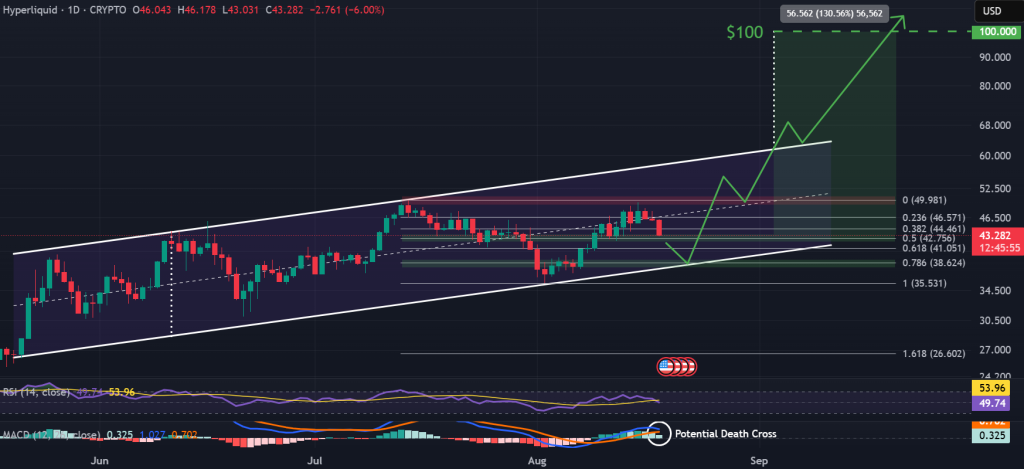 HYPE / USDT 1-day chart, ascending channel pattern. Source: TradingView, Binance. 