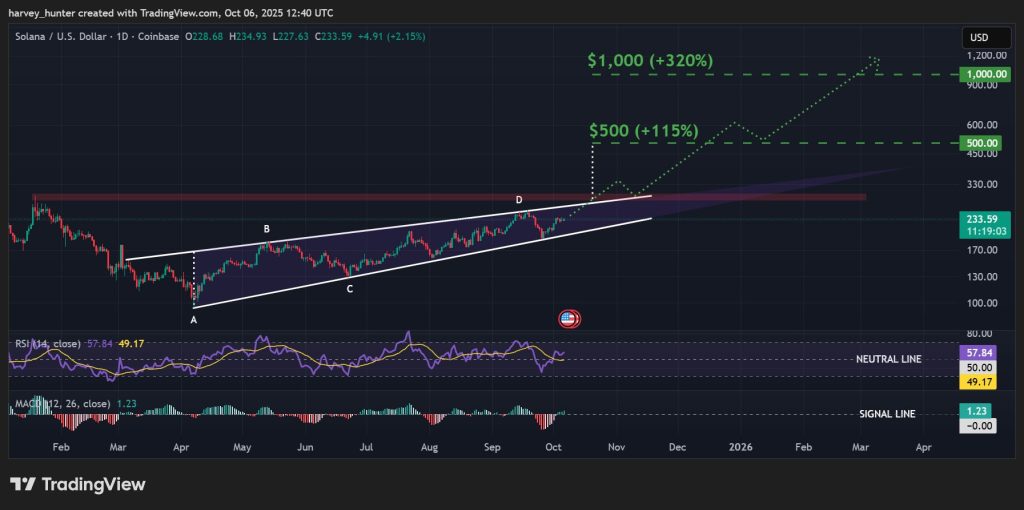 SOL / USD 1-day chart, rising wedge pattern nears apex. Source: TradingView.