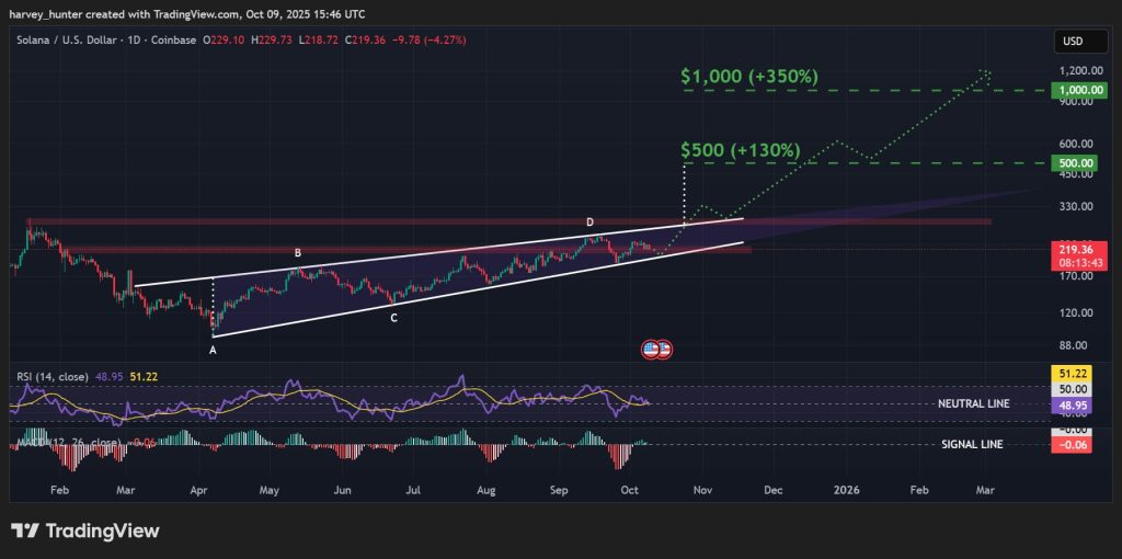 SOL / USD 1-day chart, rising wedge faces key levels. Source: TradingView.