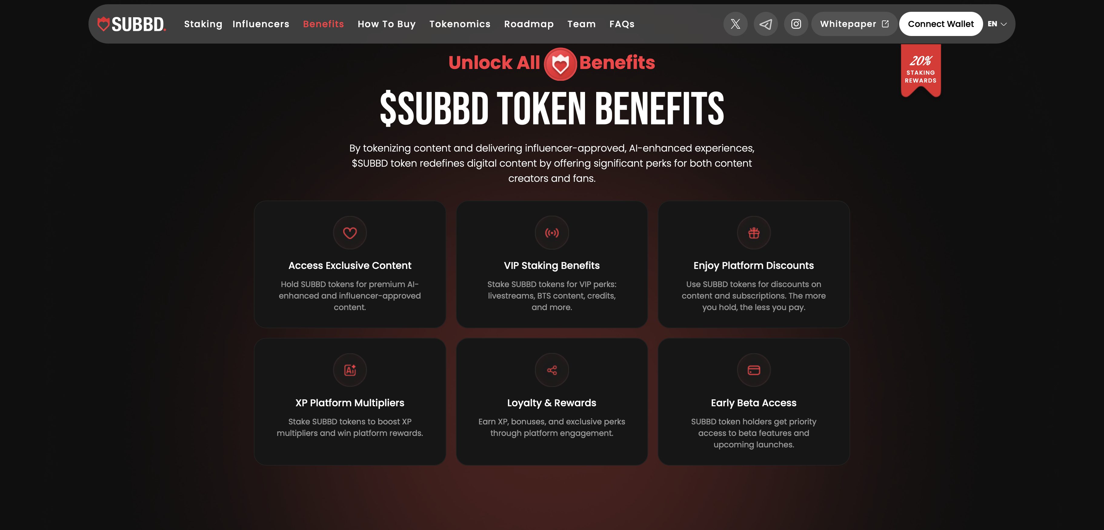 SUBBD token benefits webpage.