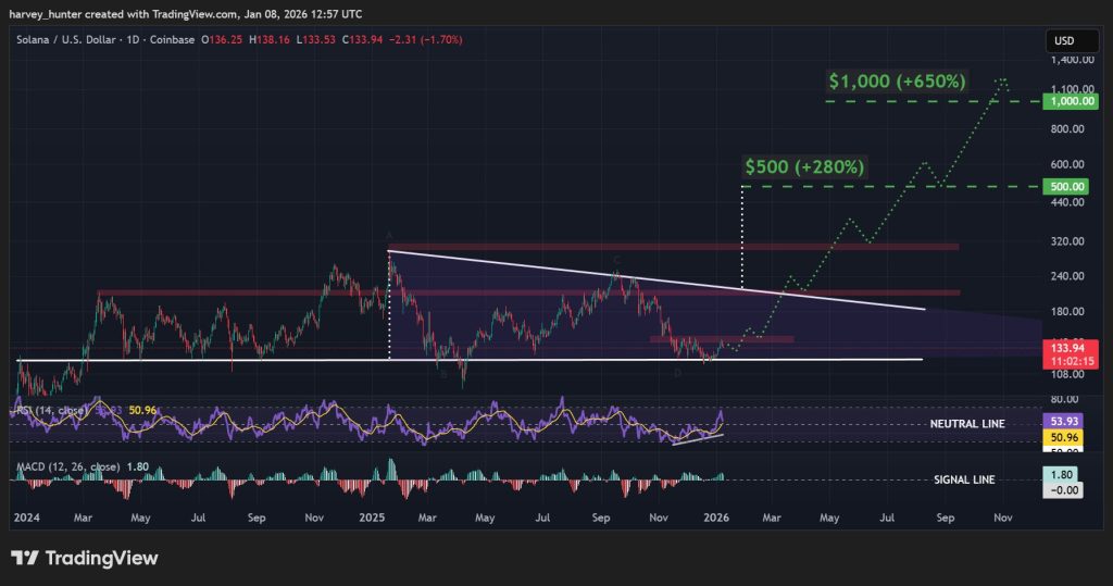 SOL USD 1-day chart, year-long descending triangle. Source: TradingView. 