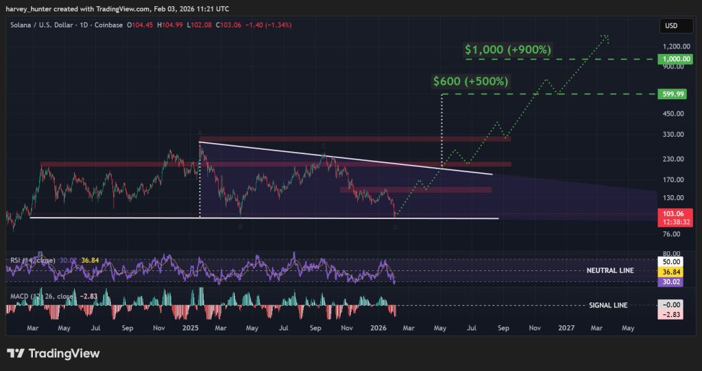 SOL USD 1-day chart - descending triangle pattern. Source: TradingView.