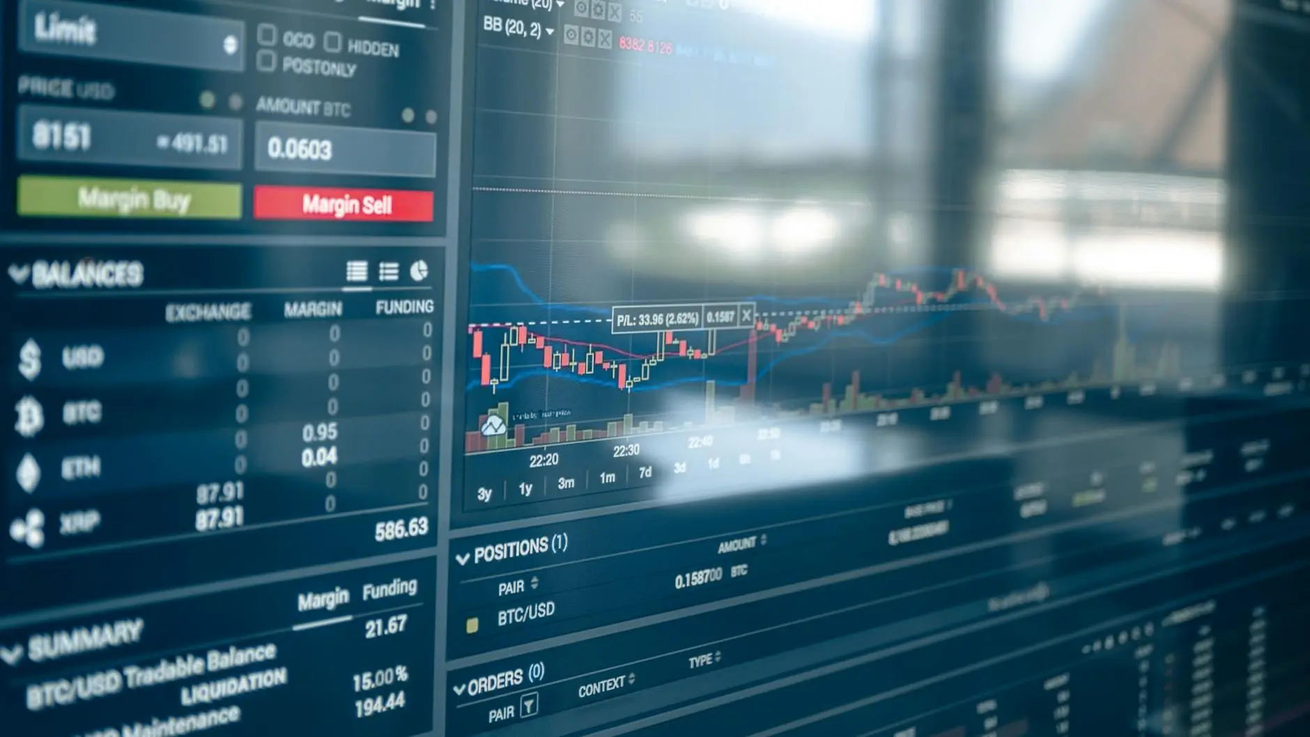 Cryptocurrency trading platform interface showing price charts and trading options.