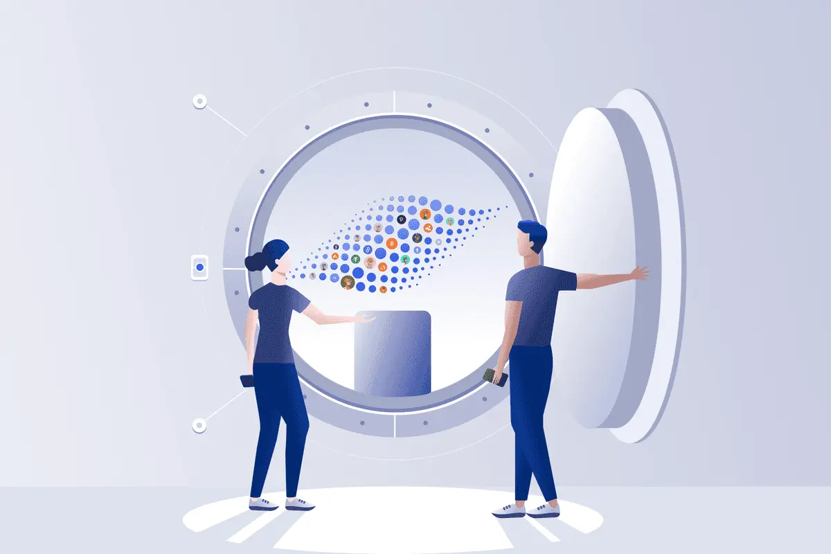 A digital vault scene with two figures interacting and cryptocurrency icons. 