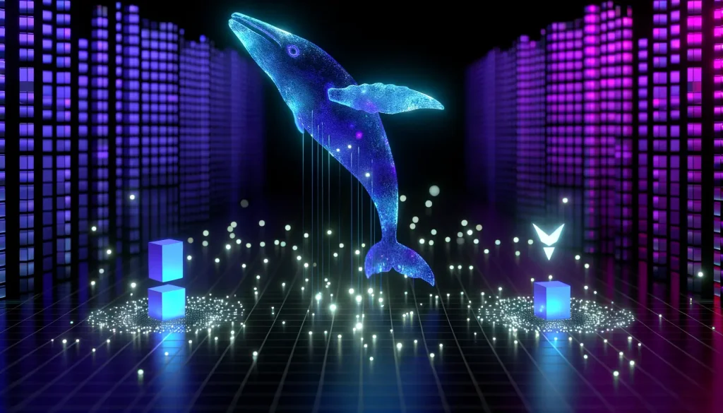 3D whale silhouette ascending through glowing blockchain nodes and grid overlay with magenta accent lighting